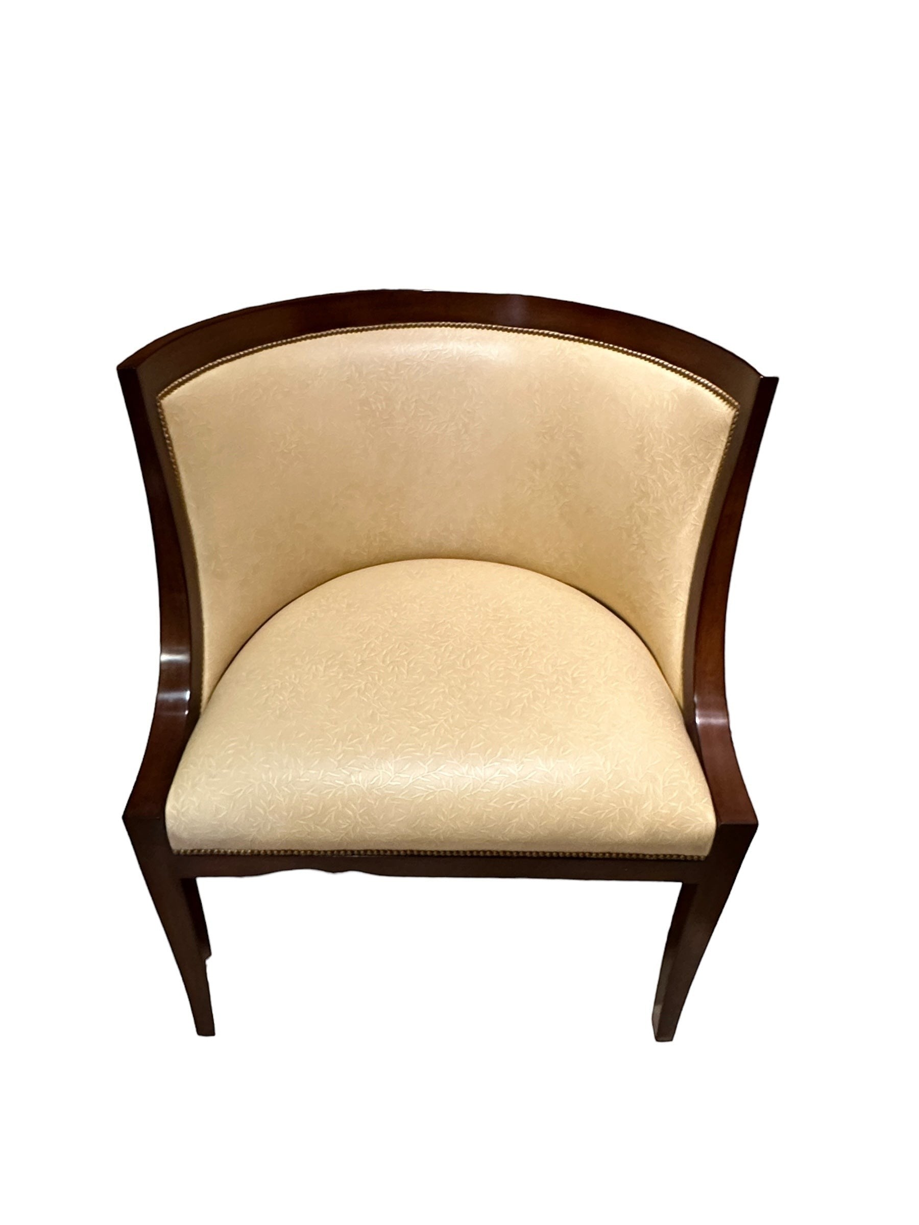 Nancy Corzine butter yellow accent chair with mahogany wood frame and floral pattern from Grand Expressions Gallery