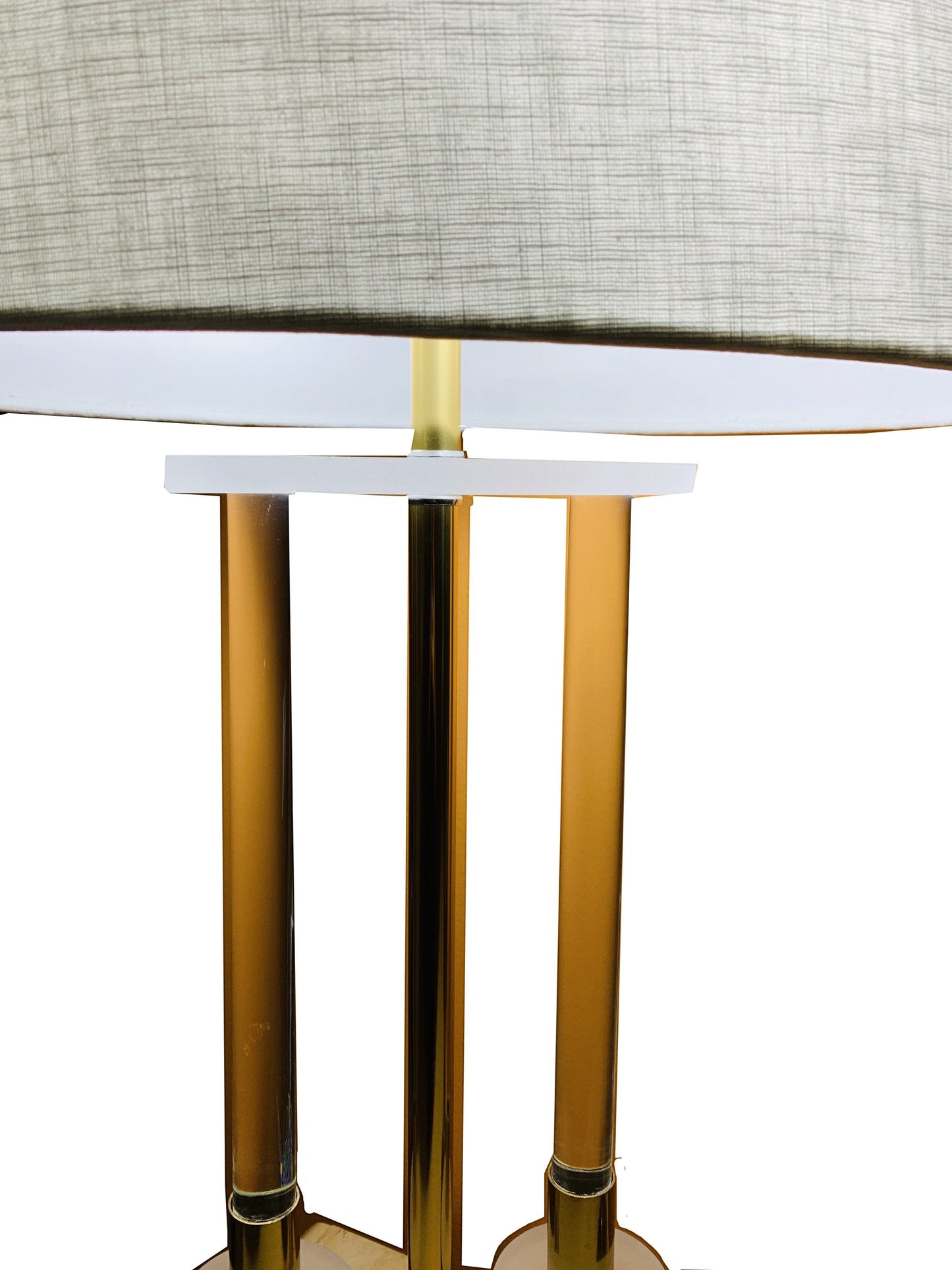 Grand Expressions Gallery and Home Store neoclassical lucite and brass table lamp with linen shade and koi detailing.