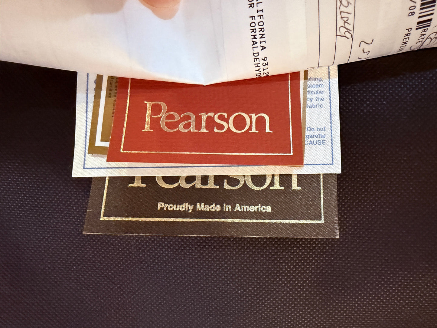 Pearson Furniture label on bohemian paisley slipper chair from Grand Expressions Gallery and Home Store