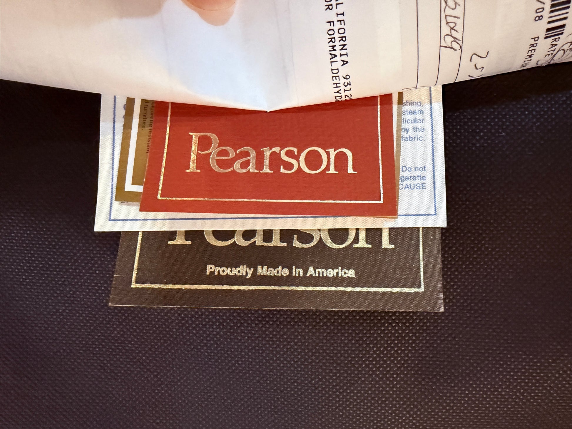 Pearson Furniture label on bohemian paisley slipper chair from Grand Expressions Gallery and Home Store