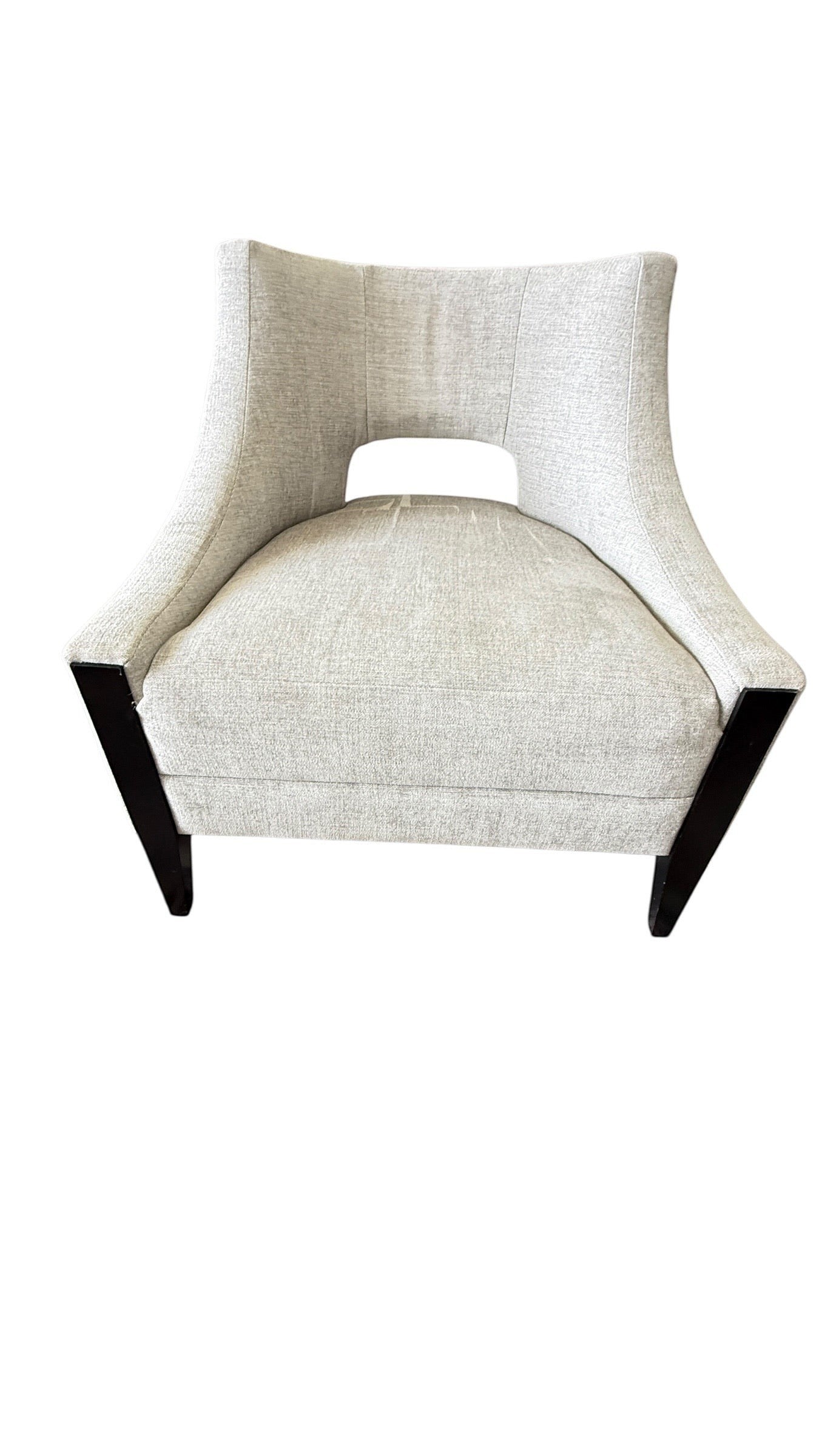Grand Expressions Gallery and Home Store Baker/McGuire Piedmont lounge chair with beige upholstery and dark wood legs.