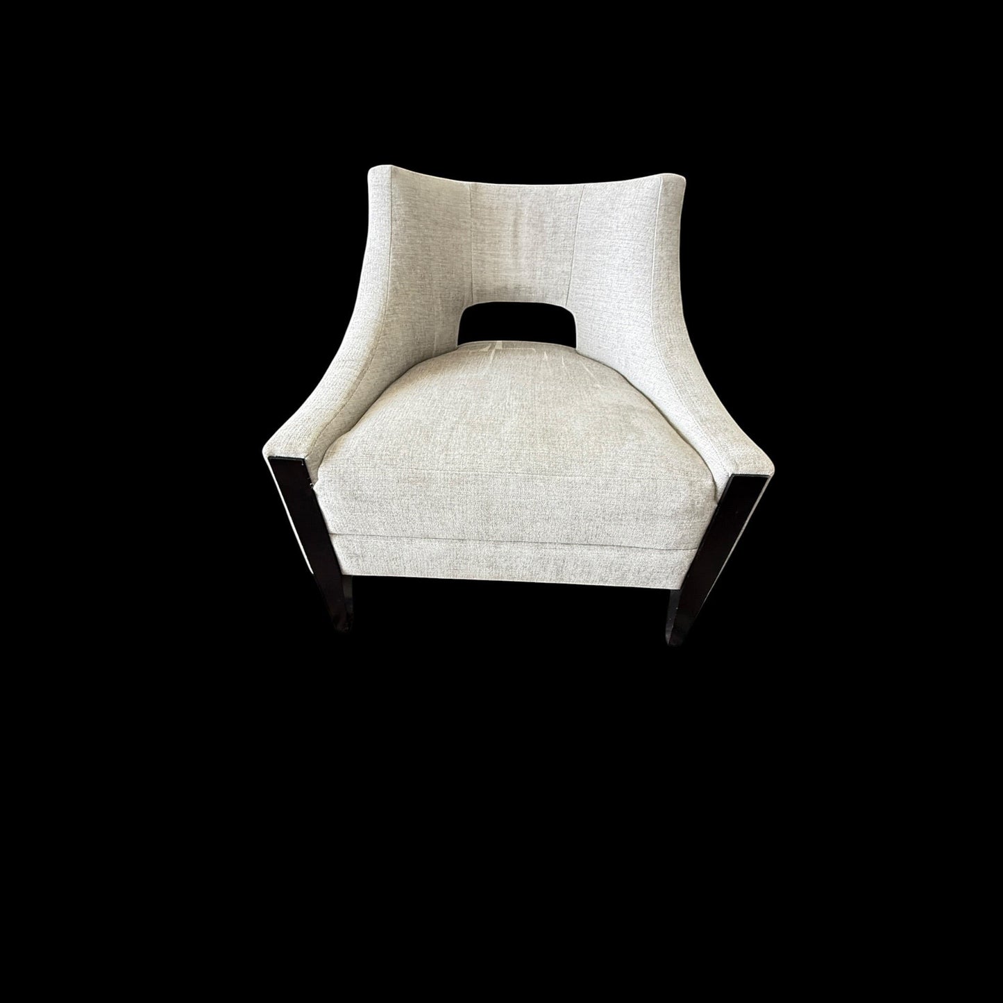 Baker/McGuire Piedmont lounge chair in light fabric with open back and dark wood legs from Grand Expressions Gallery and Home Store