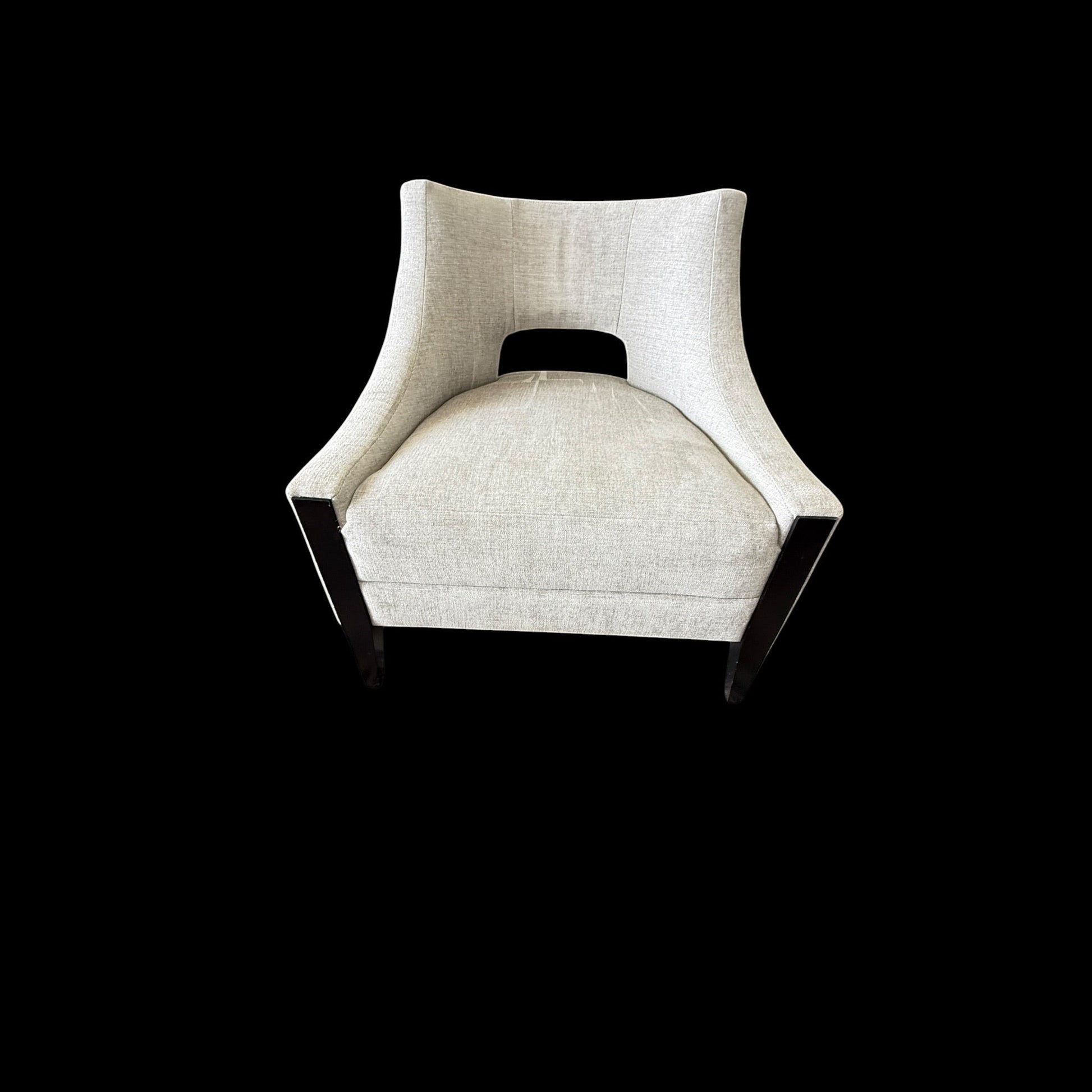 Baker/McGuire Piedmont lounge chair in light fabric with open back and dark wood legs from Grand Expressions Gallery and Home Store