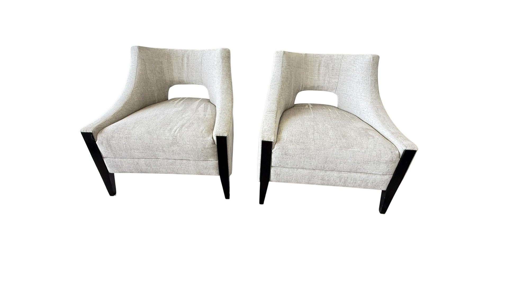 Pair of Grand Expressions Gallery and Home Store Baker/McGuire Piedmont lounge chairs with light grey upholstery.