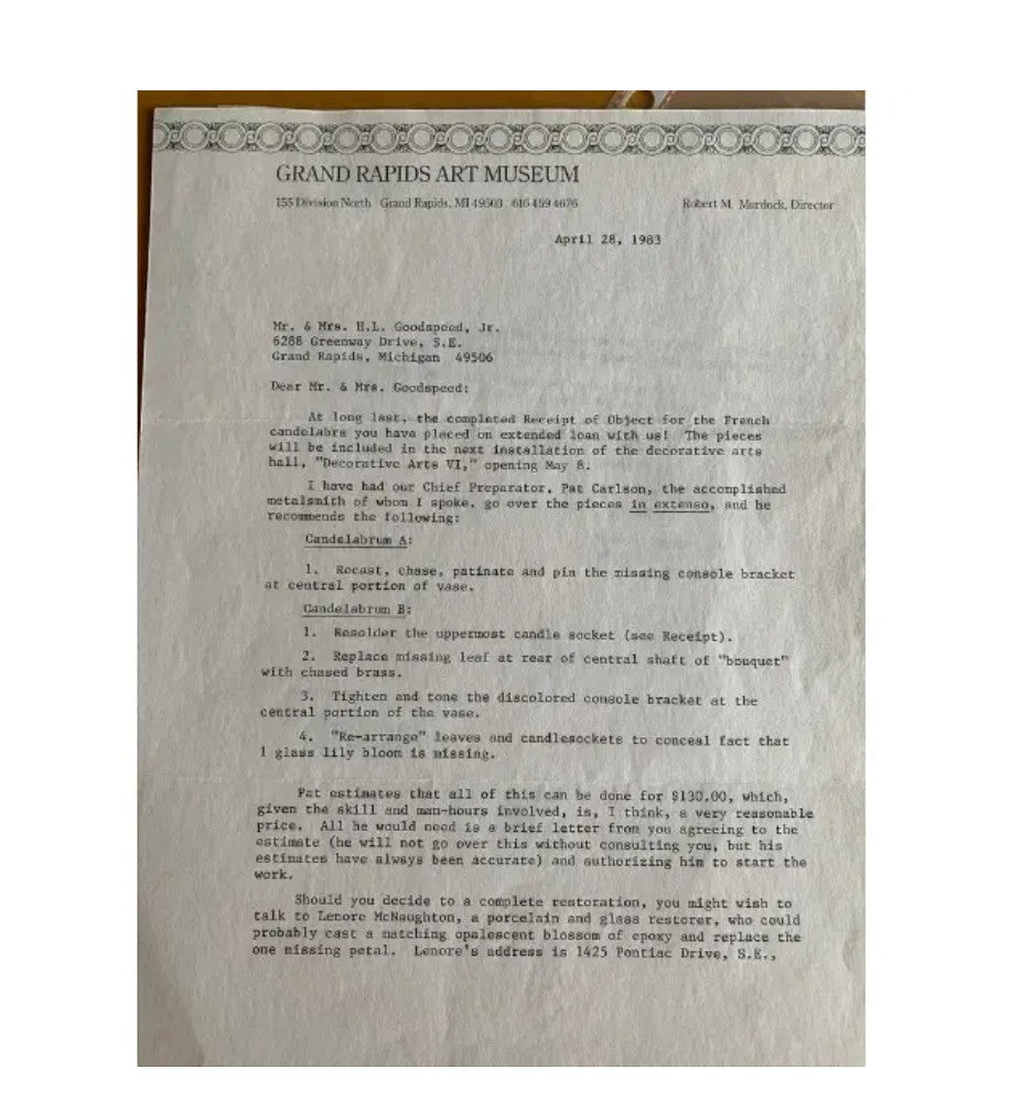 Grand Expressions Gallery and Home Store historical provenance letter for a 19th-century French gilt-bronze candelabrum