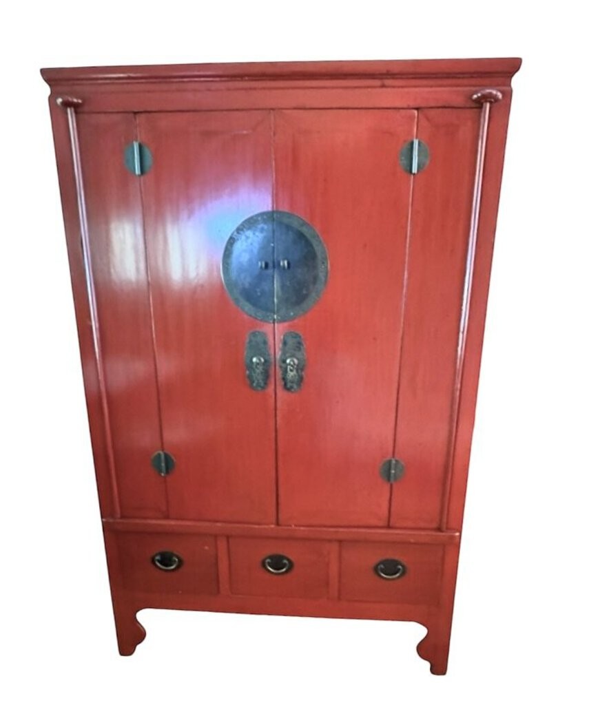 Grand Expressions Gallery and Home Store 19th century red lacquer elm wood media cabinet with oiled brass hardware.