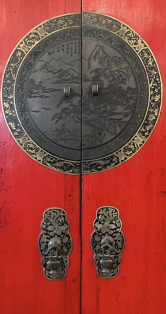 Grand Expressions Gallery and Home Store red lacquer elm wood armoire with ornate brass hardware and landscape detail
