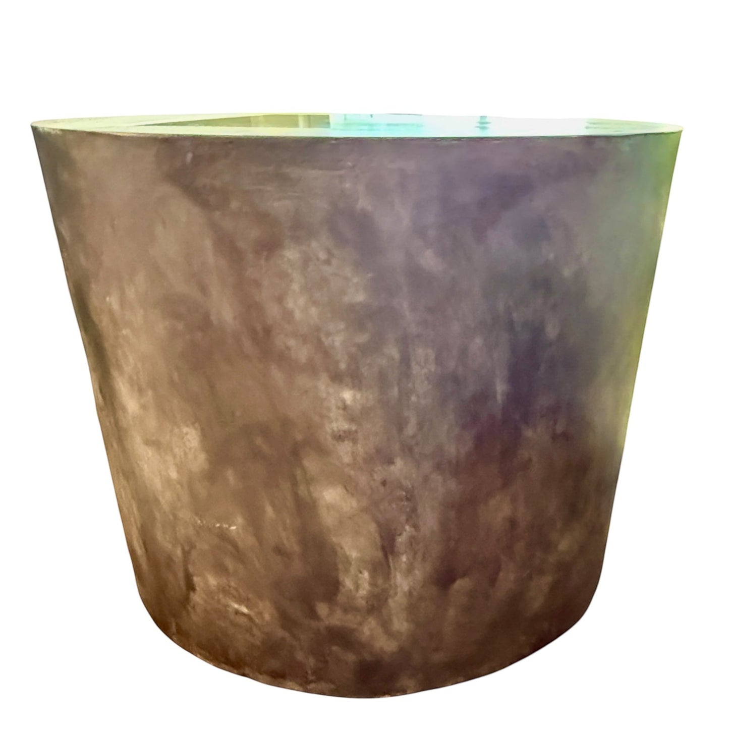 Grand Expressions Gallery and Home Store round concrete stool in brown with gold tones and coastal shell imprints.