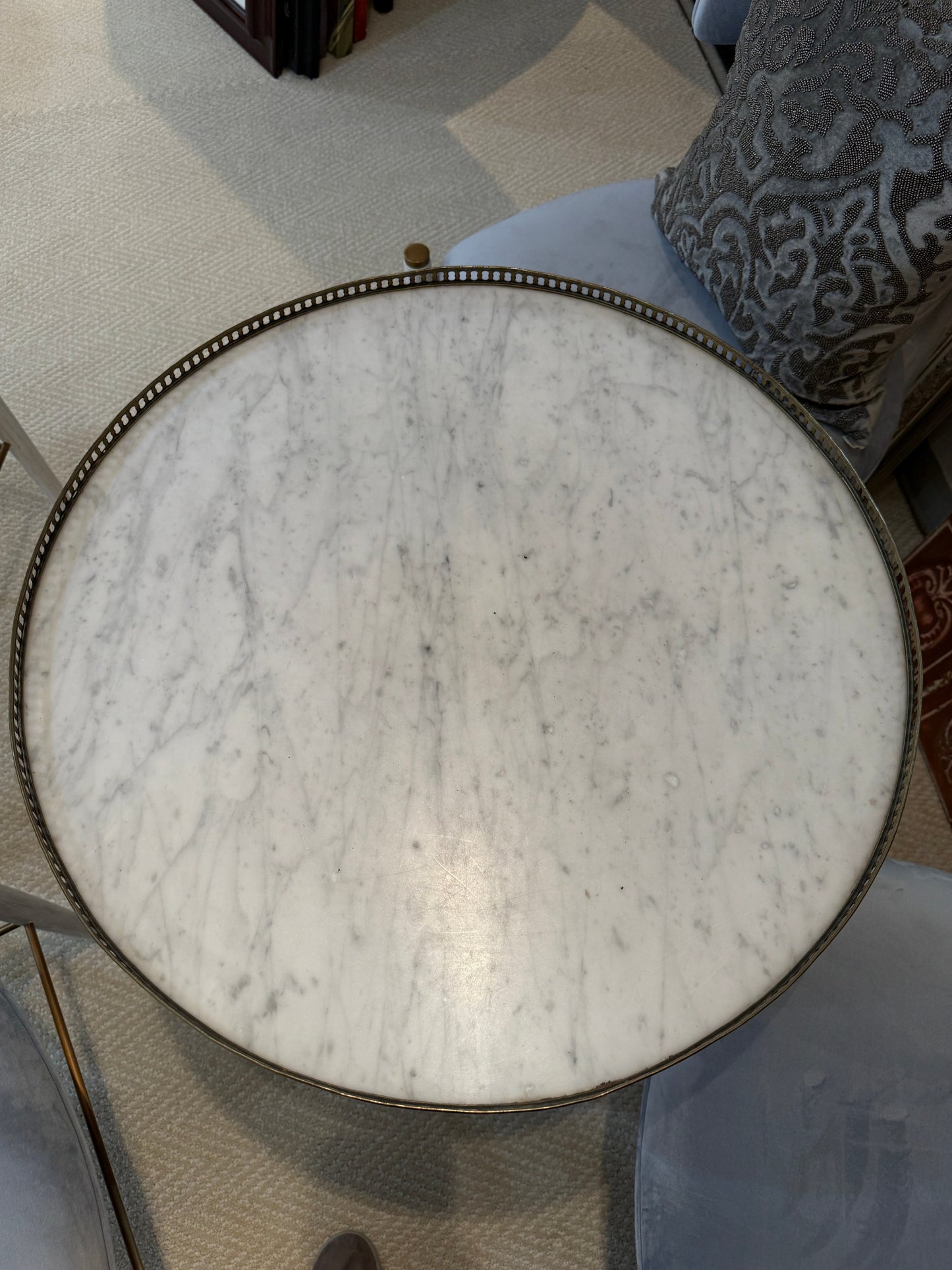 Grand Expressions Gallery and Home Store small round side table with white marble top and decorative metal rim