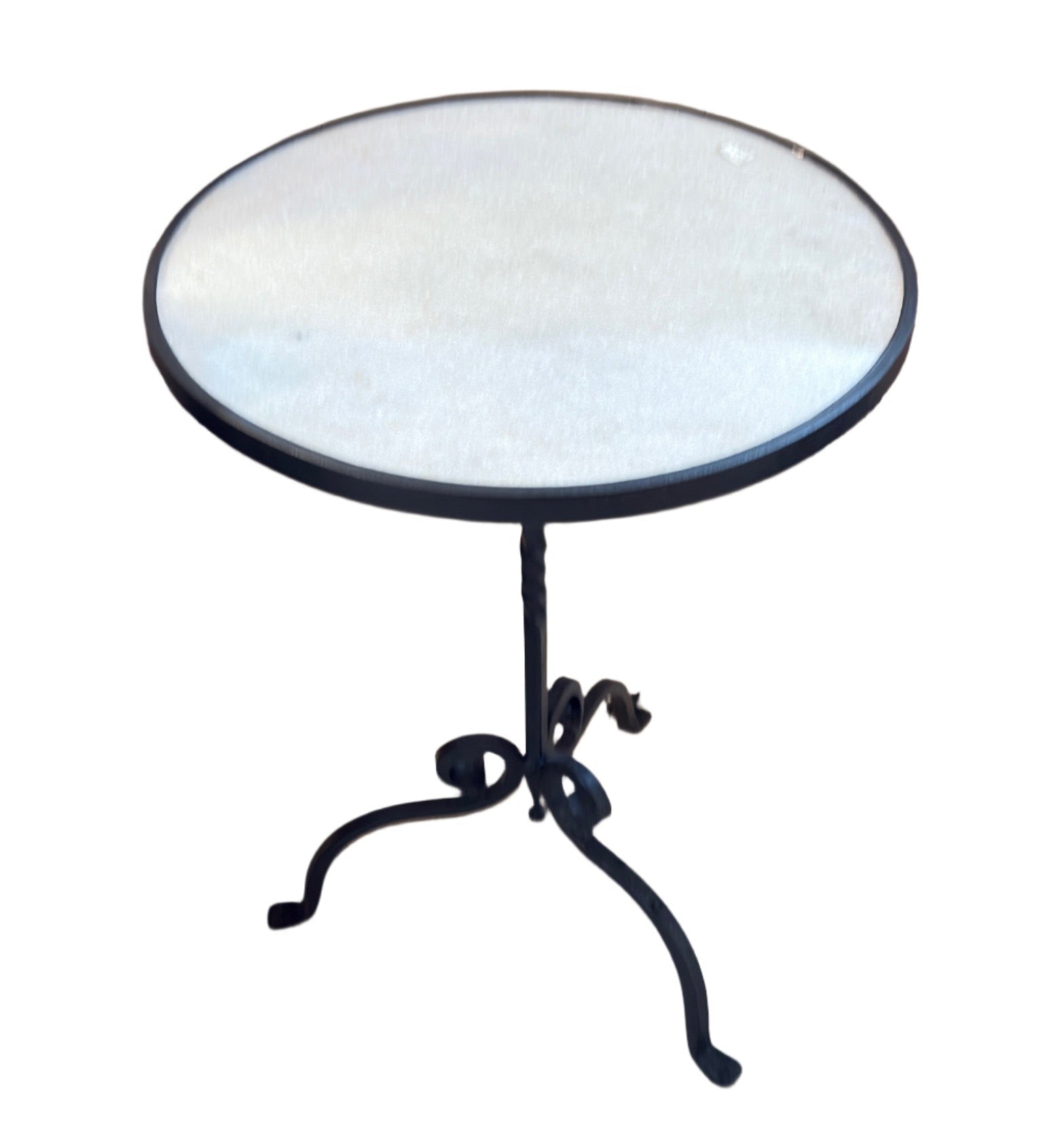 Grand Expressions Gallery and Home Store small round side table with white stone top and twisted black metal base.