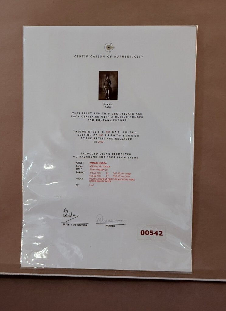 Grand Expressions Gallery and Home Store certificate of authenticity for Tamary Kudita's Sight Unseen III fine art print