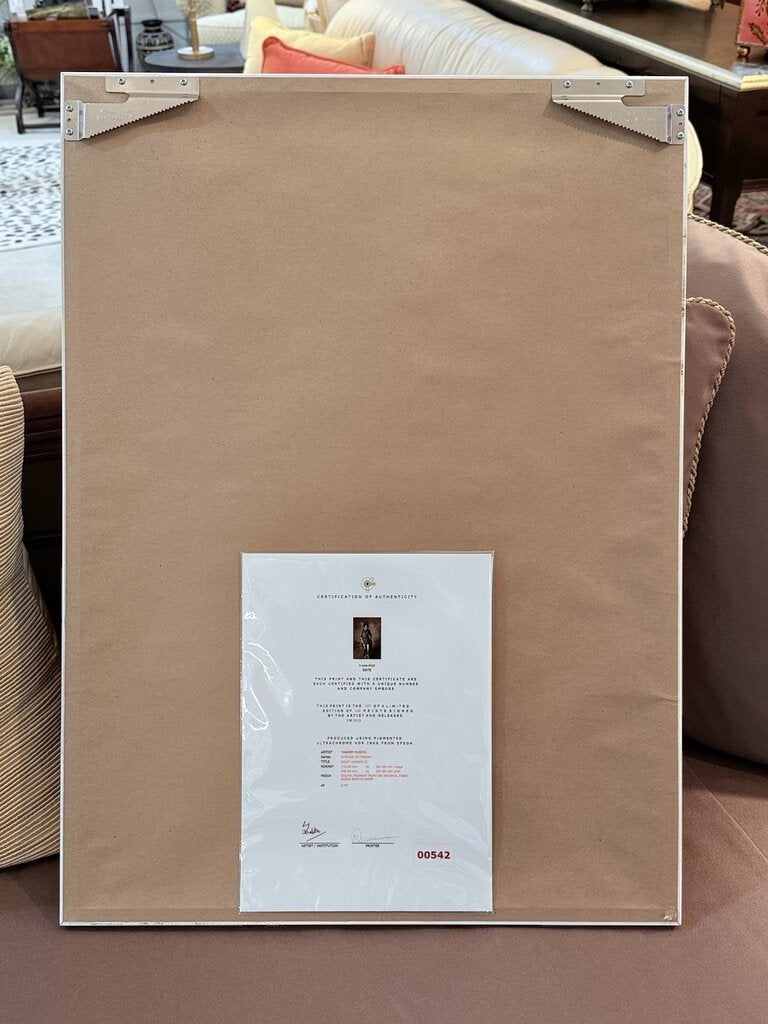 Back of Grand Expressions Gallery and Home Store framed fine art print with certificate of authenticity attached.