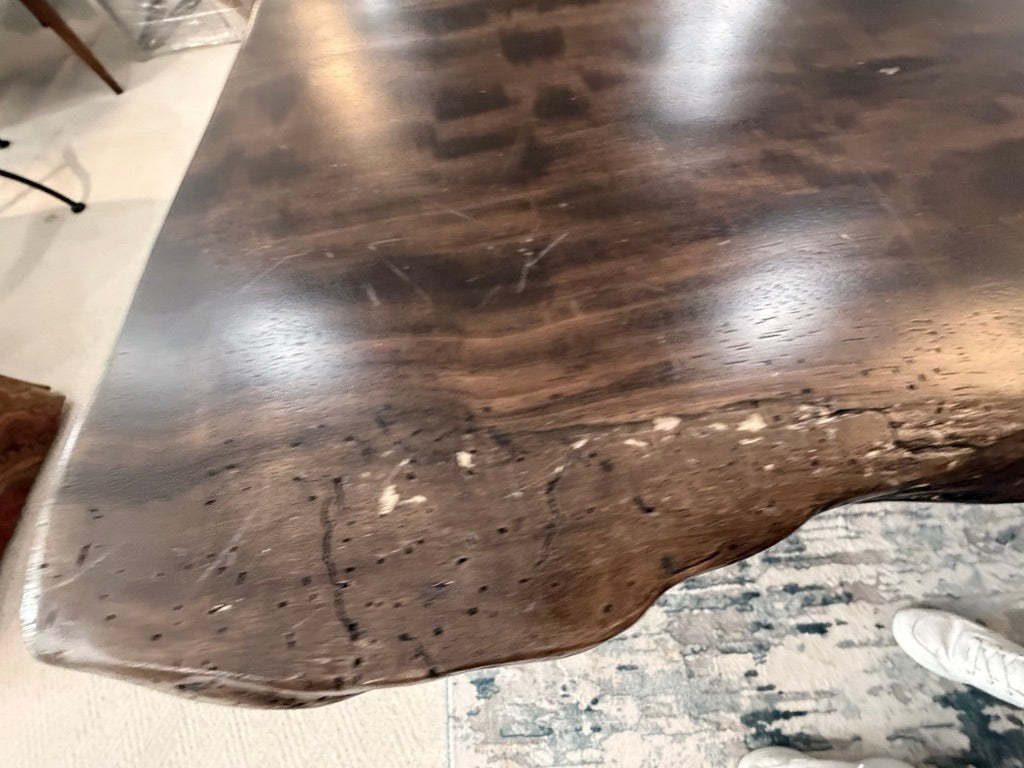 Grand Expressions Gallery and Home Store Restoration Hardware natural slab wood dining table with live edge detail