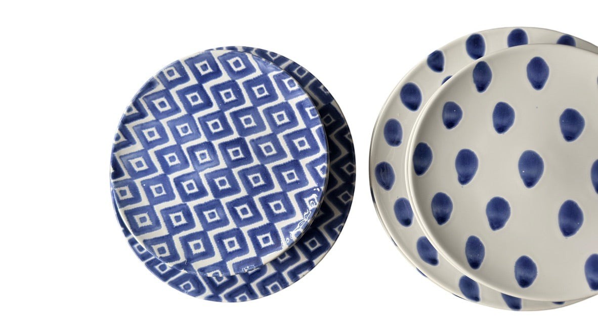 Grand Expressions Gallery and Home Store set of 6 blue and white Vietri ceramic plates with geometric and dot patterns.