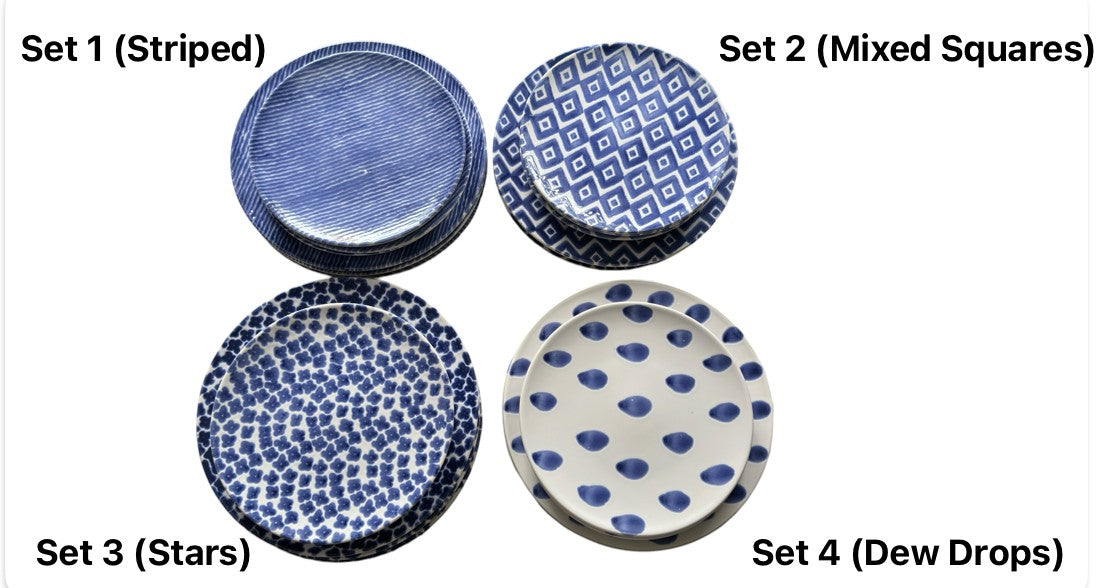 Grand Expressions Gallery and Home Store set of 6 blue and white Vietri dinner and salad plates in assorted patterns.