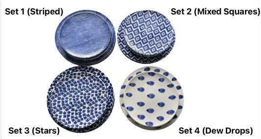 Grand Expressions Gallery and Home Store set of 6 blue and white Vietri dinner and salad plates in assorted patterns.
