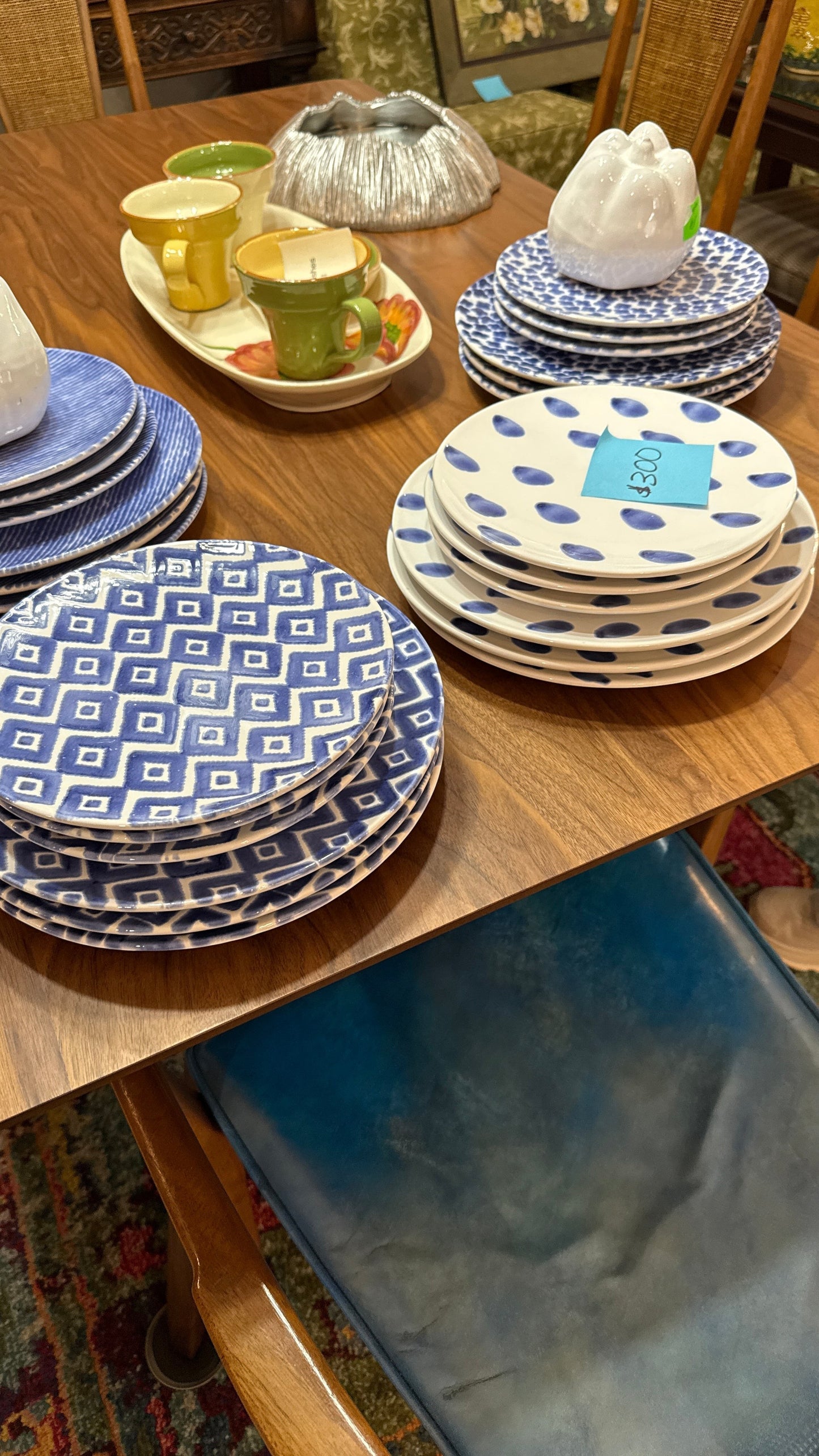 Grand Expressions Gallery and Home Store blue and white patterned Vietri ceramic dinner and salad plate sets.