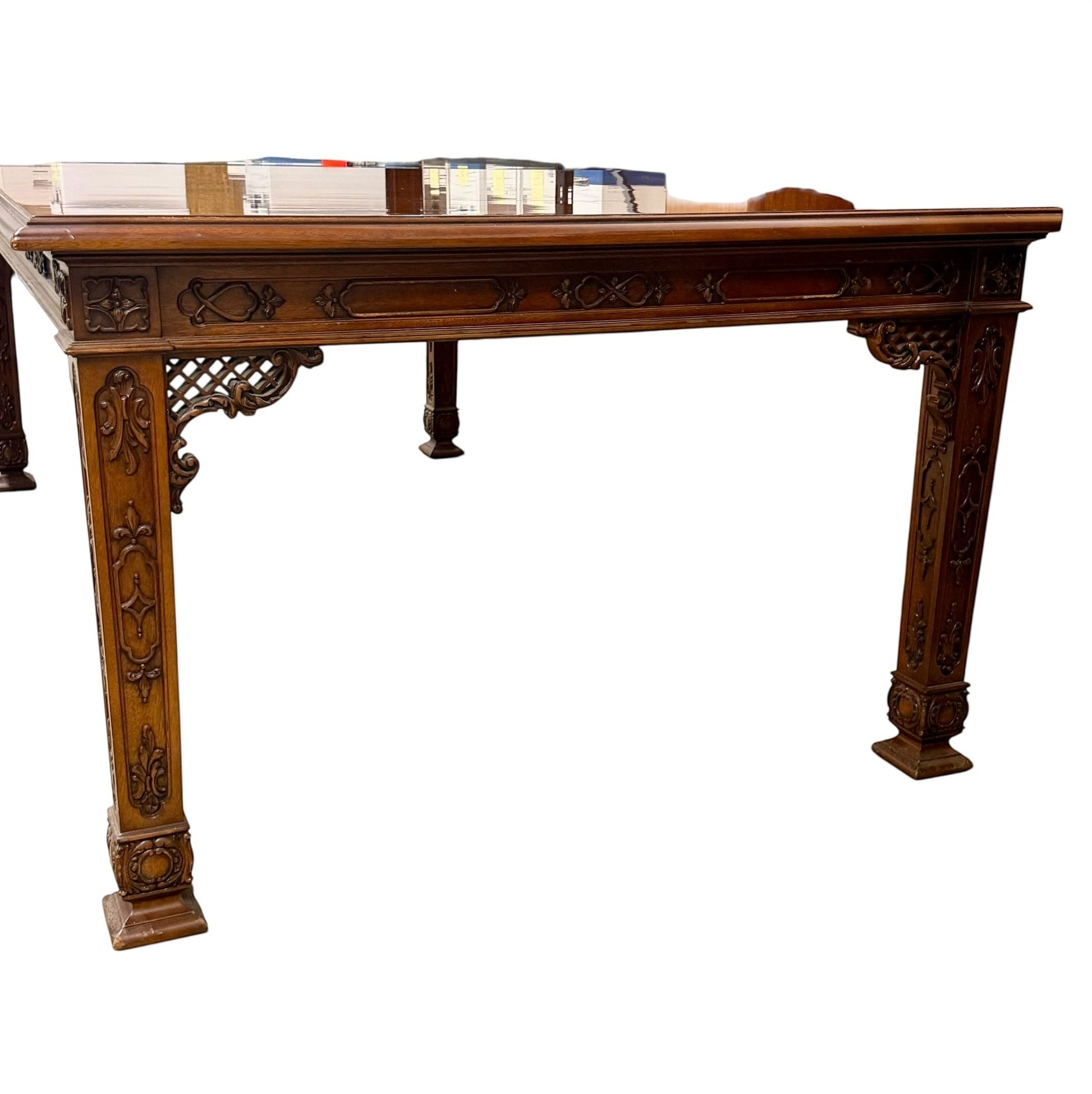 Grand Expressions Gallery and Home Store vintage Asian style Kindel Furniture dining table with intricate wood carvings