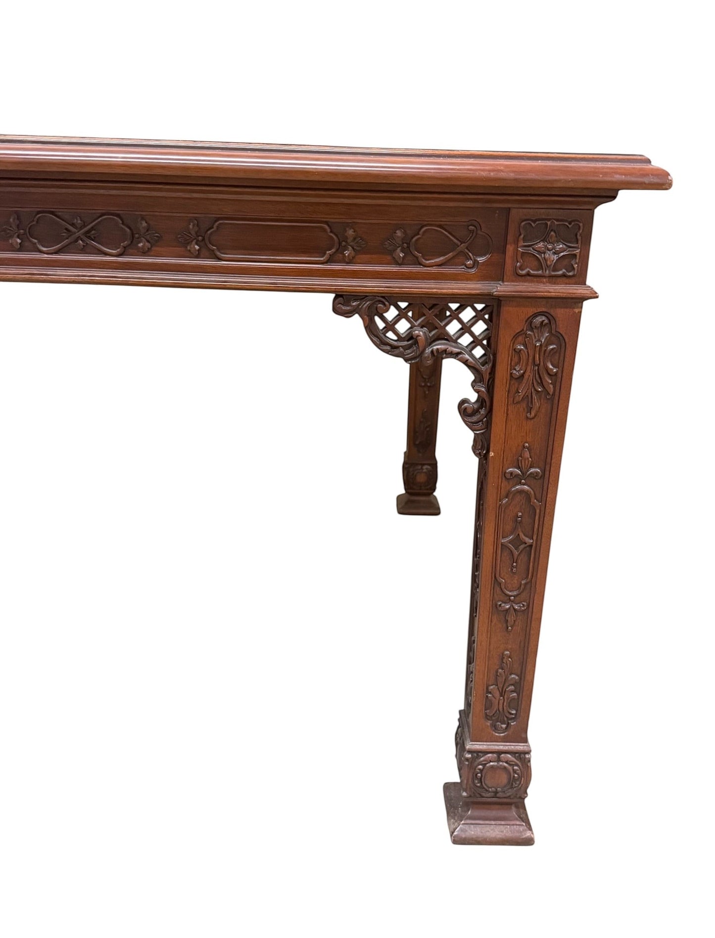 Grand Expressions Gallery and Home Store vintage Asian style dining table with intricate wood carvings and lattice.