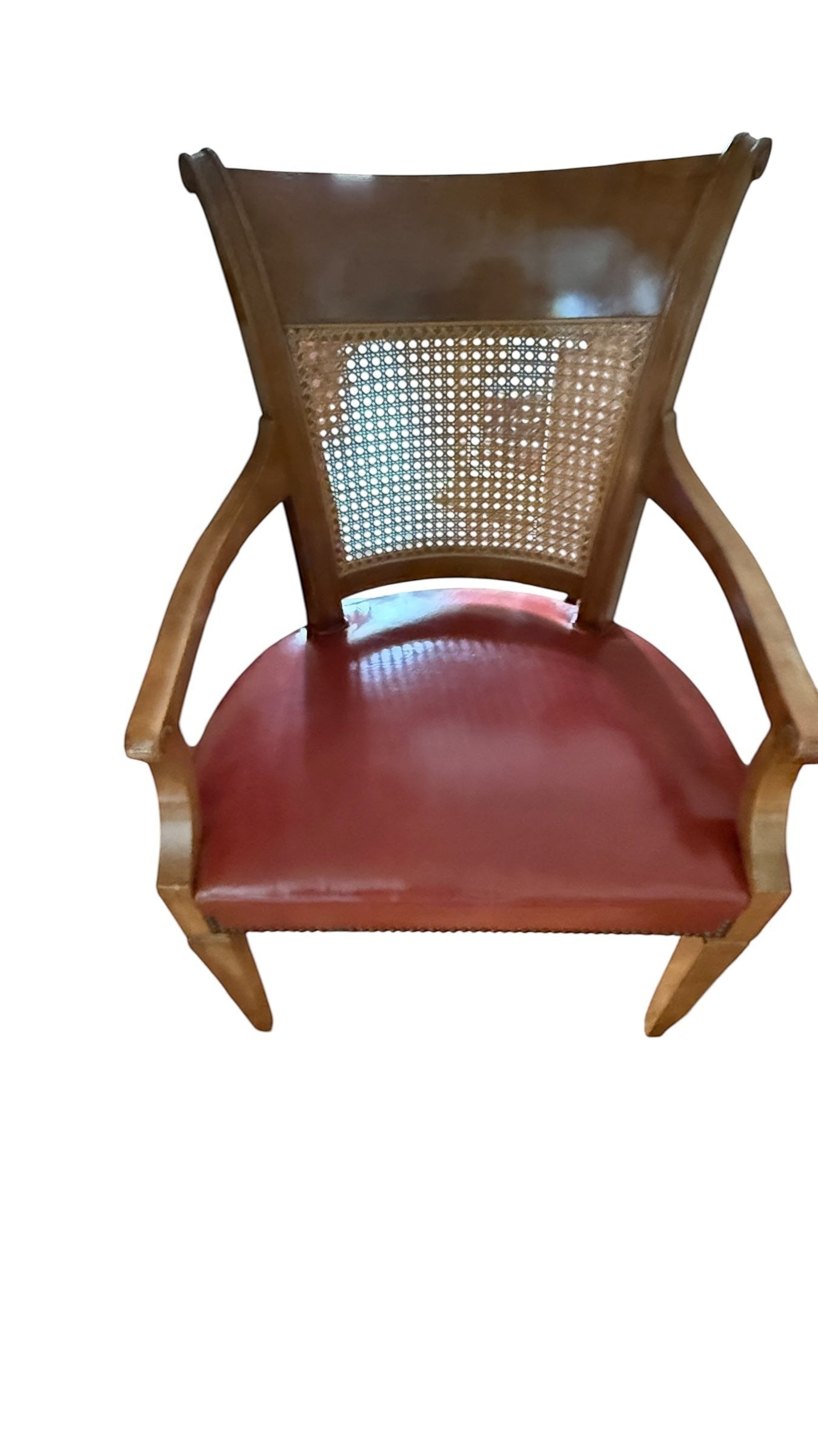 Grand Expressions Gallery and Home Store vintage Baker dining chair with cane back and red leather seat.