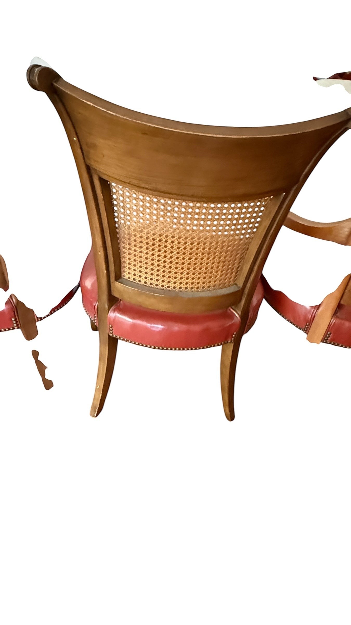 Grand Expressions Gallery and Home Store set of 4 vintage Baker dining chairs with cane backs and red leather seats.