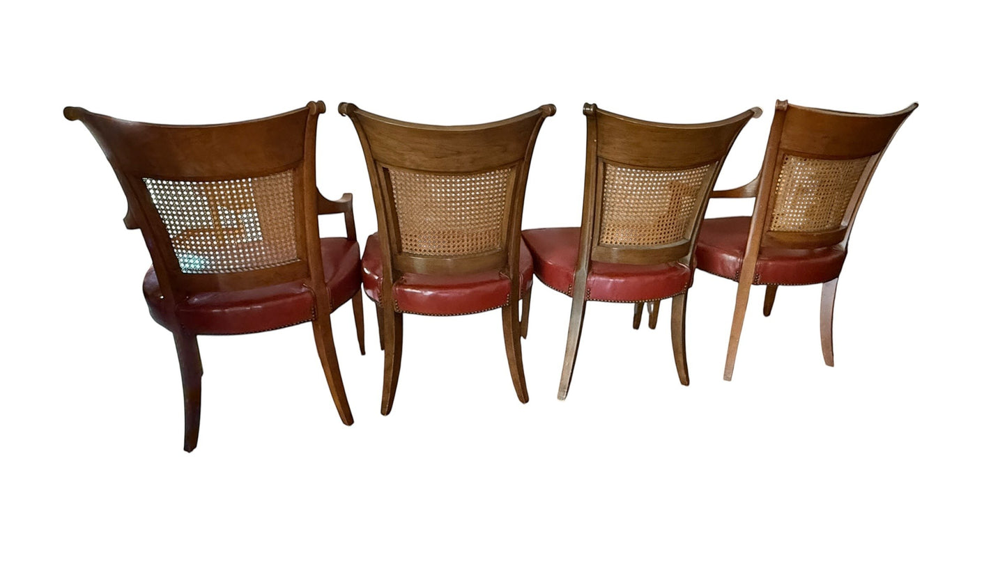 Set of 4 vintage Grand Expressions Gallery and Home Store Baker dining chairs with cane backs and red leather seats.