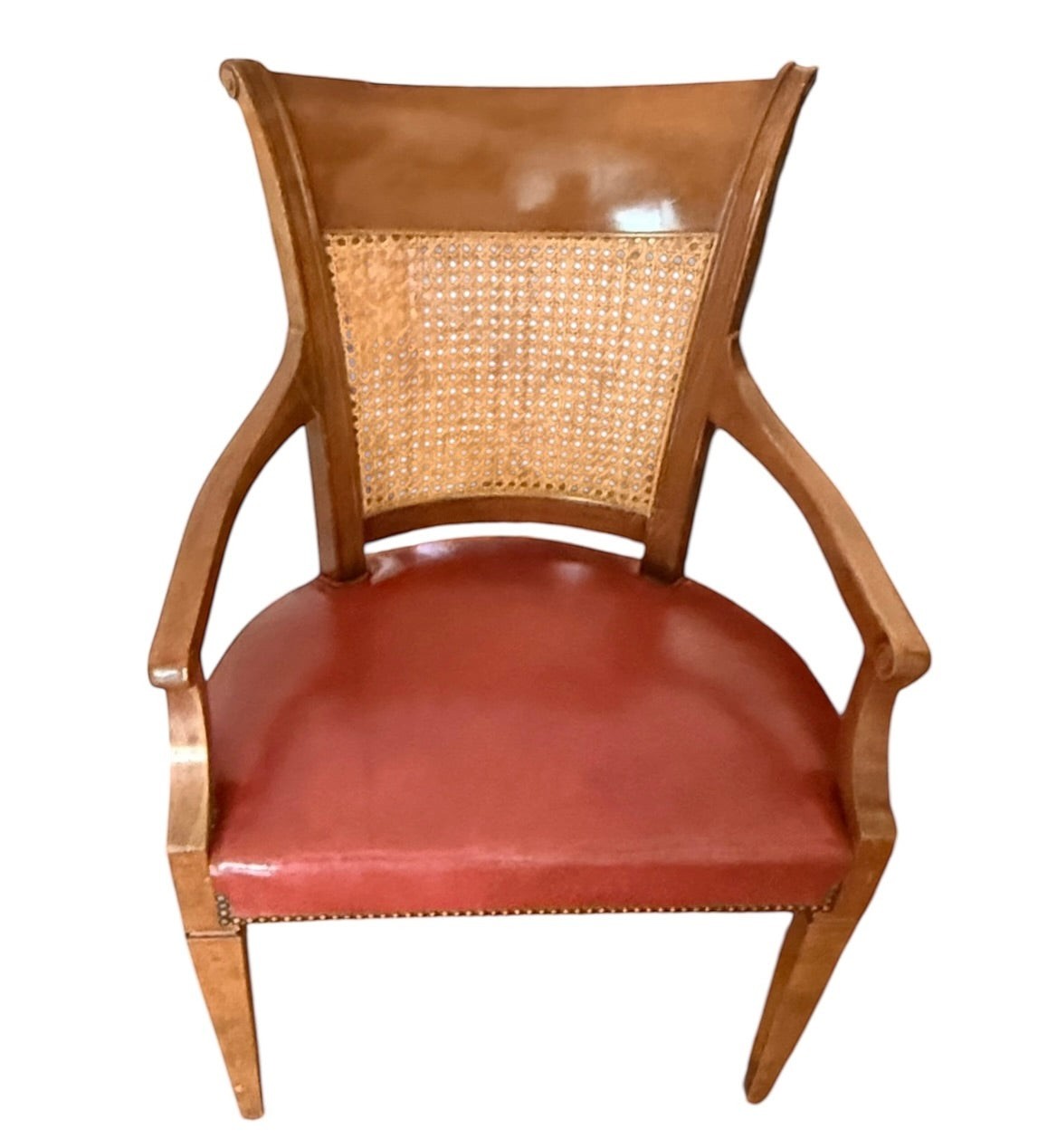 Grand Expressions Gallery and Home Store vintage Baker dining chair with cane back and red leather seat.