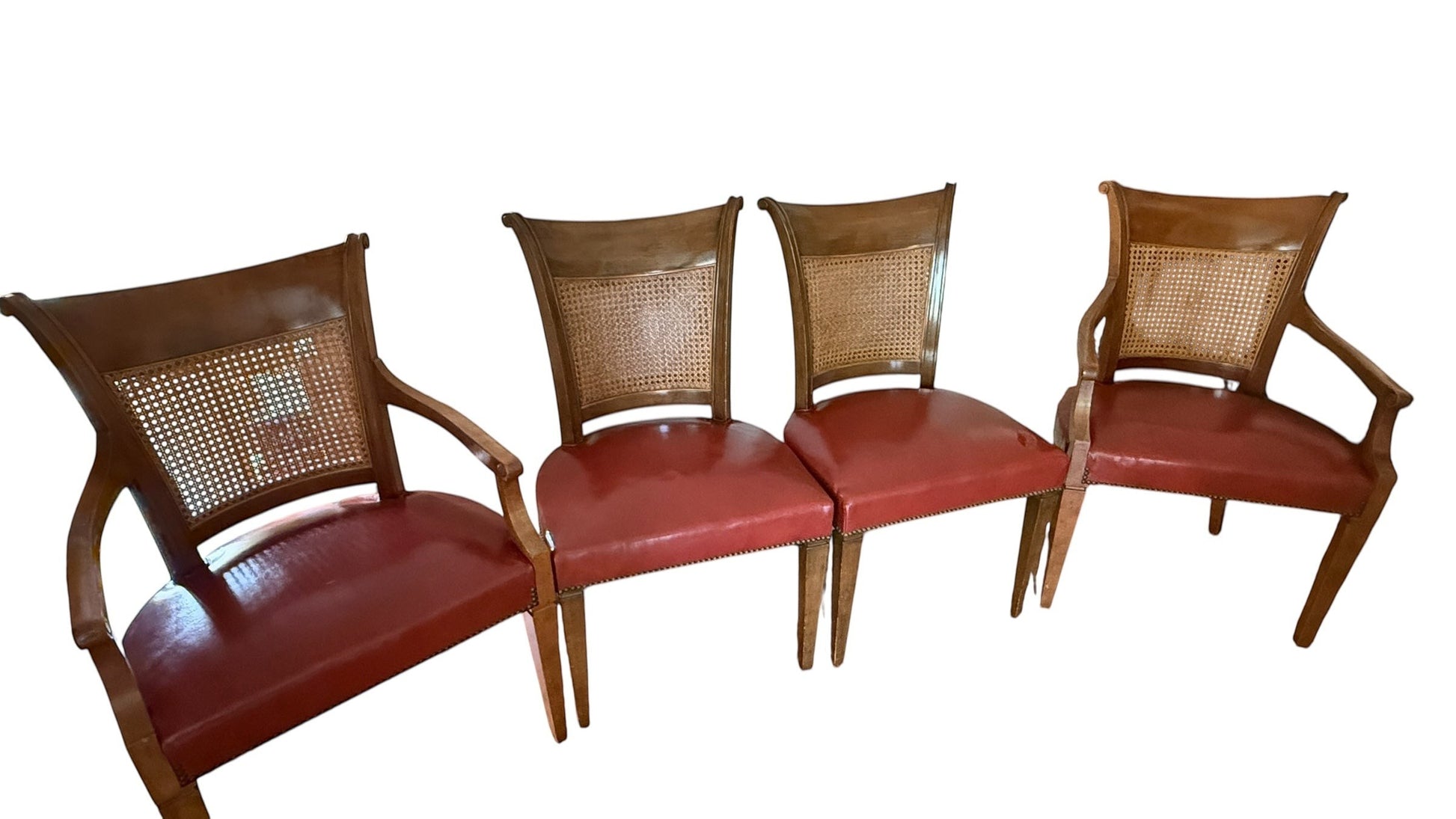 Set of 4 Grand Expressions Gallery and Home Store vintage Baker dining chairs with cane backs and red leather seats.