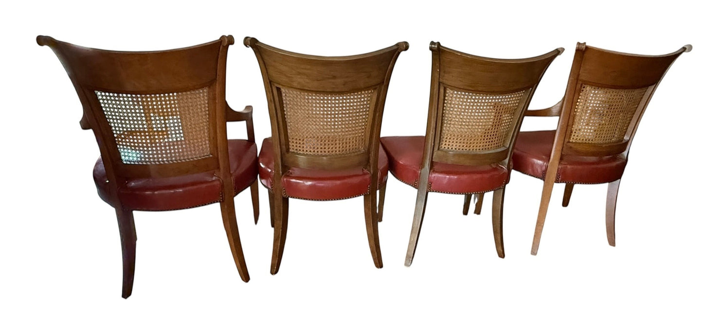 Set of 4 vintage Grand Expressions Gallery and Home Store Baker dining chairs with cane backs and red leather seats.