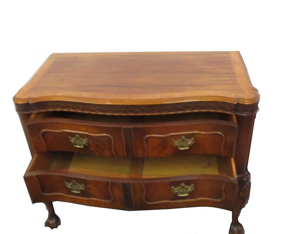 Grand Expressions Gallery and Home Store vintage Robert W. Irwin two-drawer chest with elegant carvings and curved legs