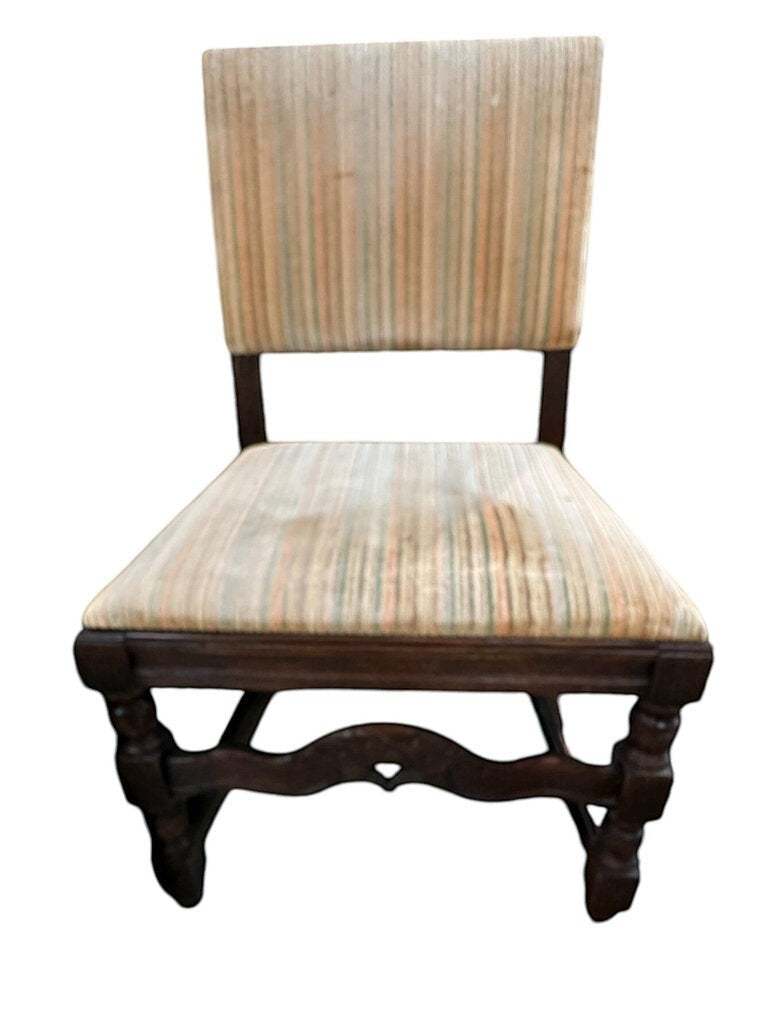 Grand Expressions Gallery and Home Store vintage English black walnut dining chair with striped upholstered seat