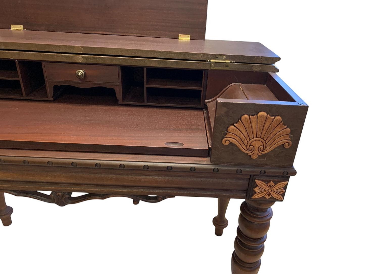 Grand Expressions Gallery and Home Store vintage Edwardian walnut spinet desk with ornate carvings and spindle legs.