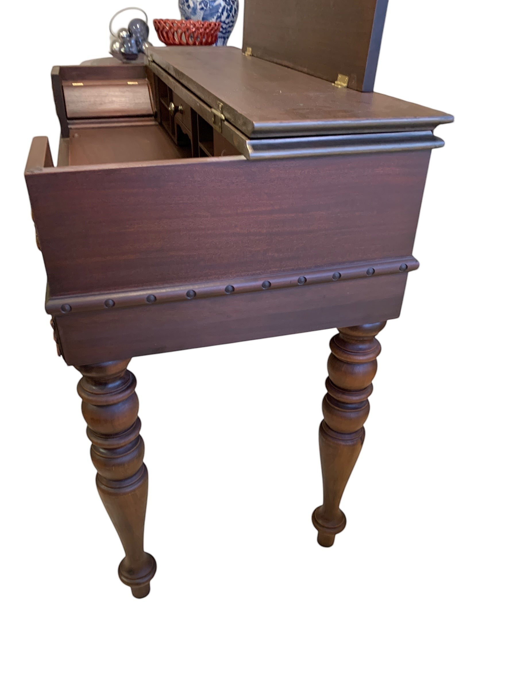 Vintage Edwardian walnut spinet desk by Grand Expressions Gallery and Home Store with spindle legs and storage.