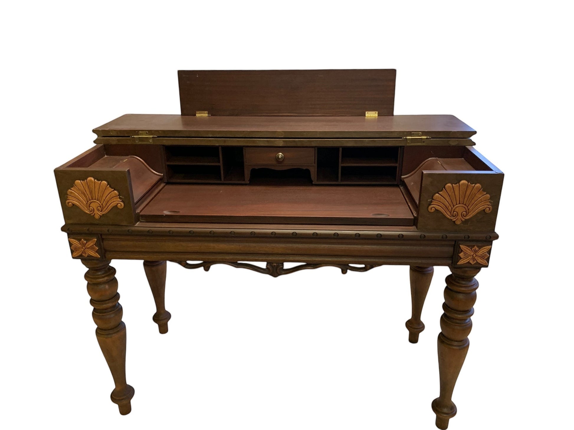 Grand Expressions Gallery and Home Store vintage Edwardian walnut spinet desk with ornate carvings and spindle legs.