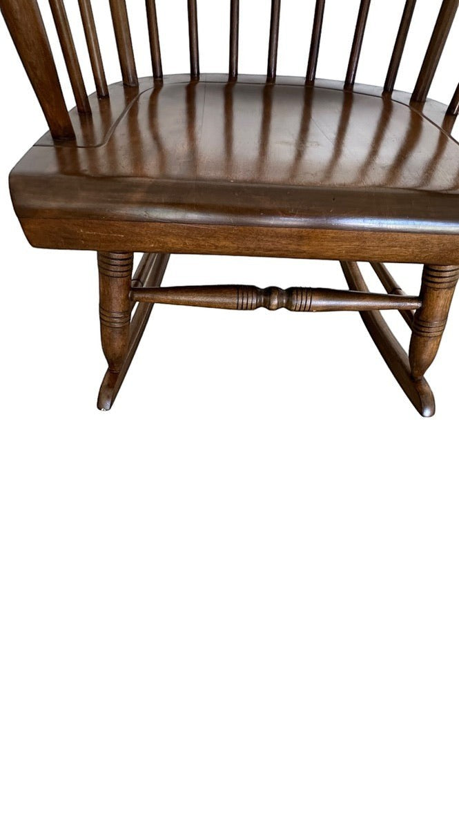Vintage Ethan Allen wood rocking chair with spindle back and dark brown finish from Grand Expressions Gallery and Home Store