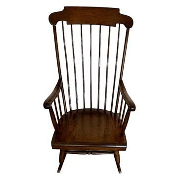 Vintage Ethan Allen wood rocking chair with a high spindle back, sold by Grand Expressions Gallery and Home Store.