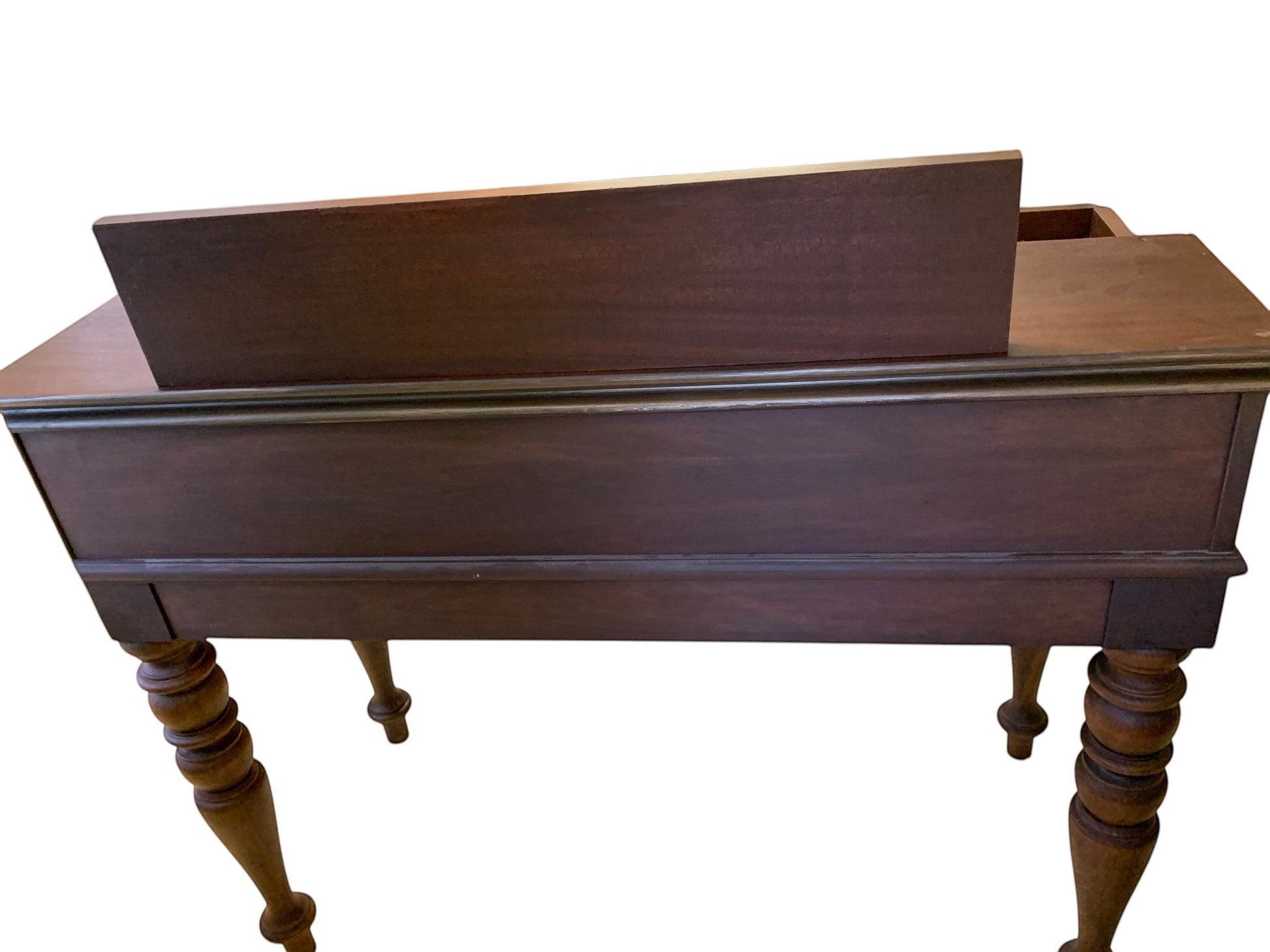Grand Expressions Gallery and Home Store vintage Edwardian walnut spinet desk with spindle legs and flip-top design.