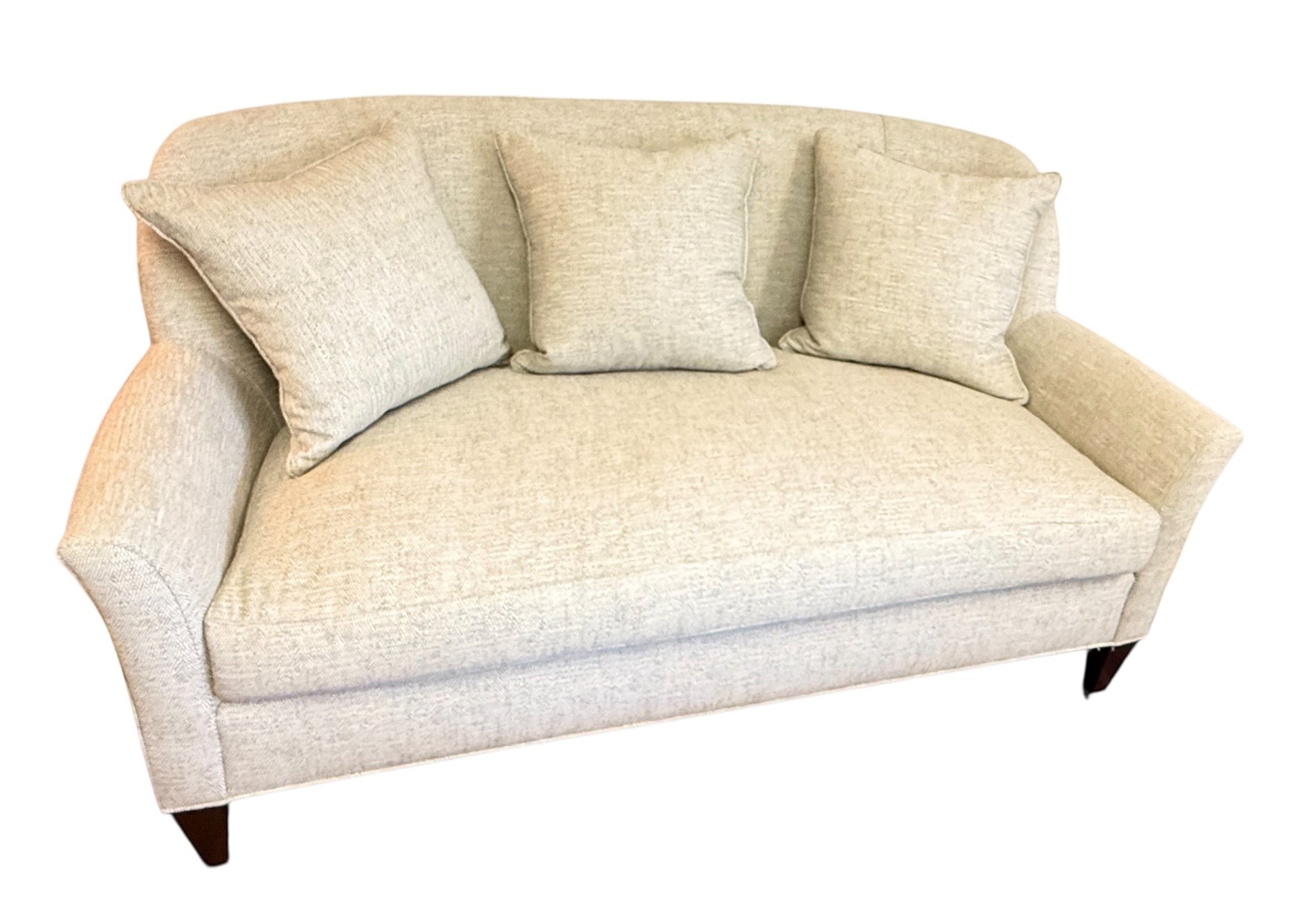 Grand Expressions Gallery and Home Store Wesley Hall Sanford settee in light beige fabric with tapered arms and pillows