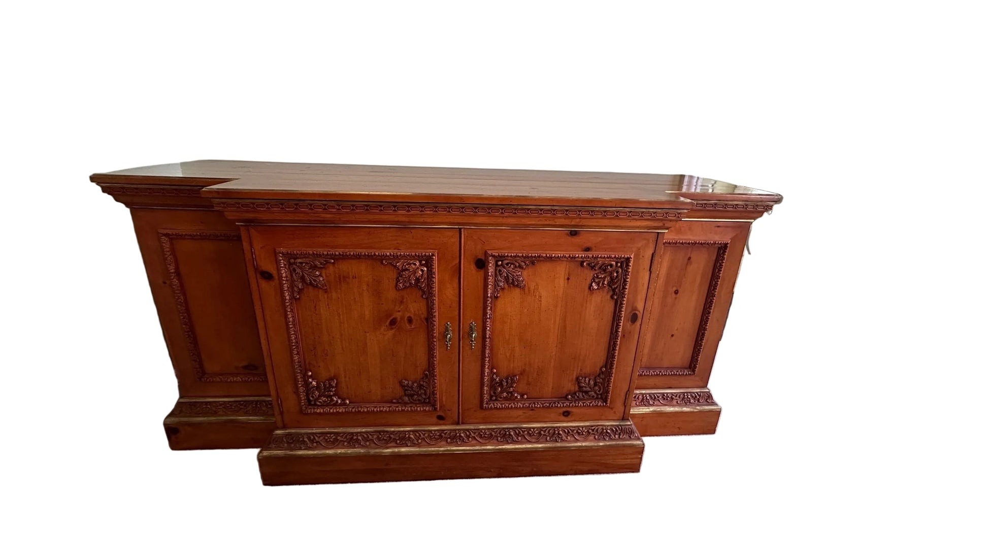 Grand Expressions Gallery and Home Store ornate wooden credenza with intricate carvings and gold-toned accents by Baker Furniture.