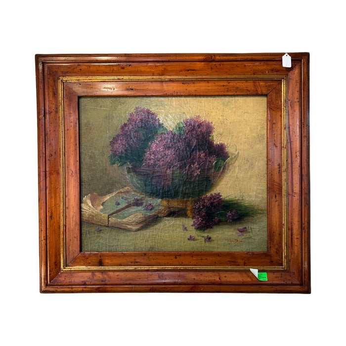Original Oil Painting Bowl Full Of Purple Flowers