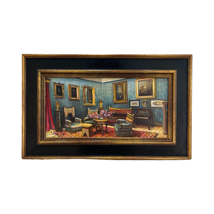 Oil Painting Of An Elegant Room With Gold Picture Frames On The Wall