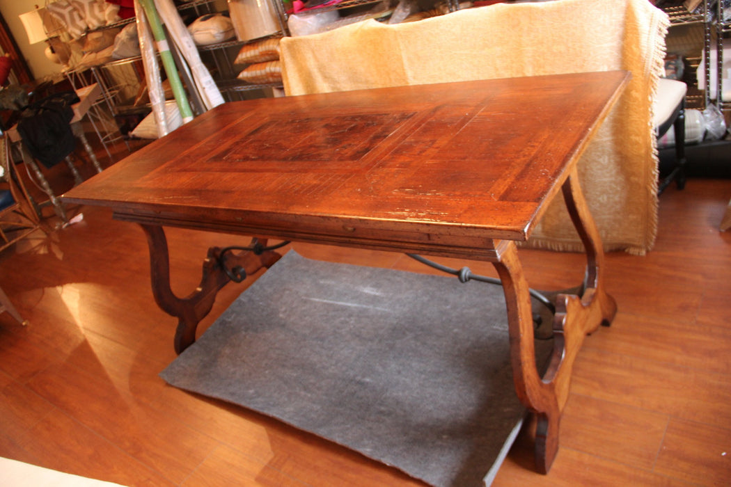 Italian Wood Inlay Farm Style Desk/Table With Wrought Iron Rod Trim - Grand Expressions Gallery and Home Store