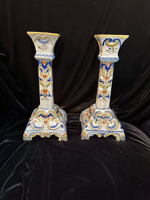 1880 Pair Rouen Fourmaintraux Freres Desevres French Faience Large Candlesticks